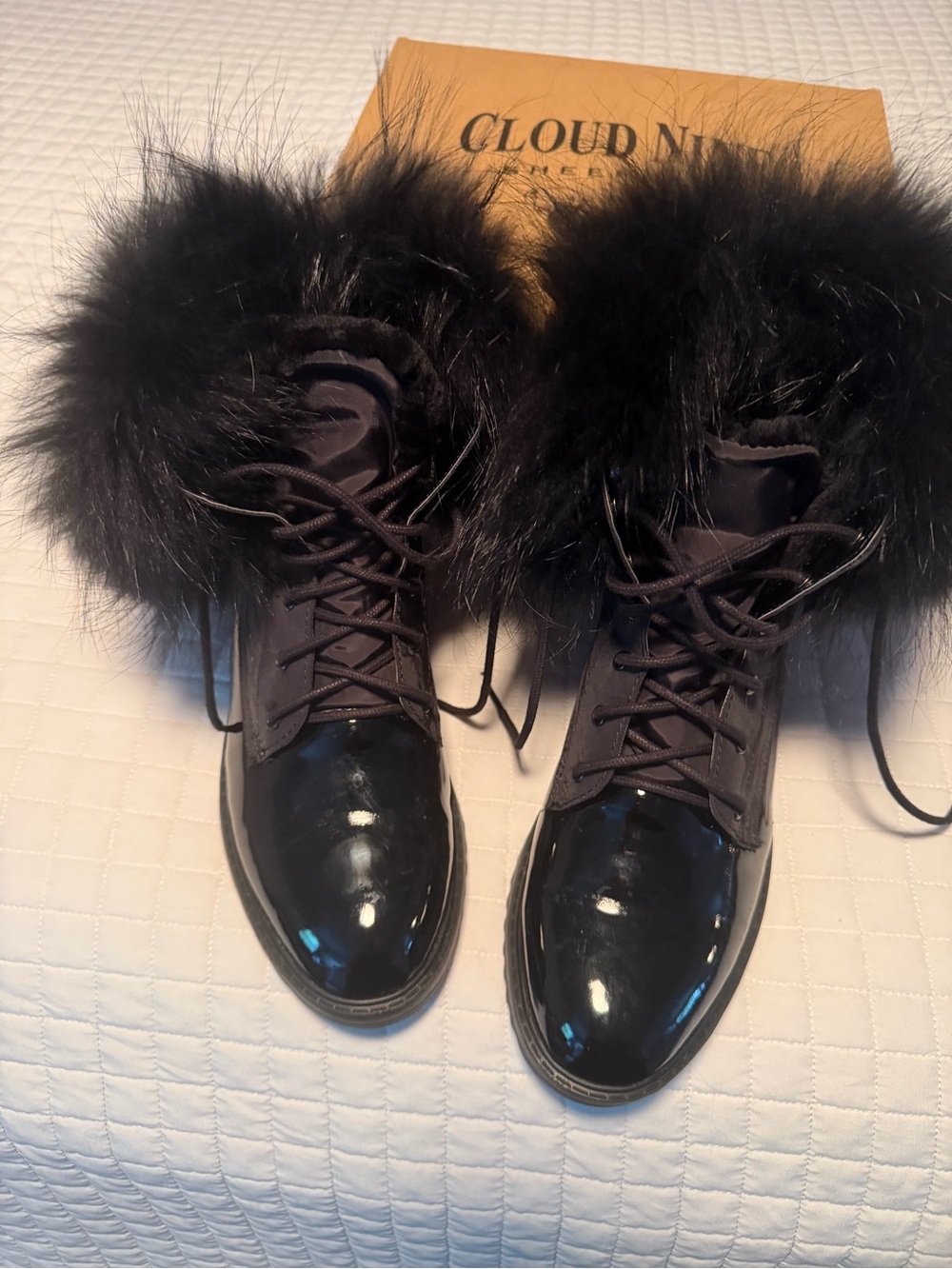 Patent Lace-Up Women's Black Fur-Trim Boots - Picture 3 of 6